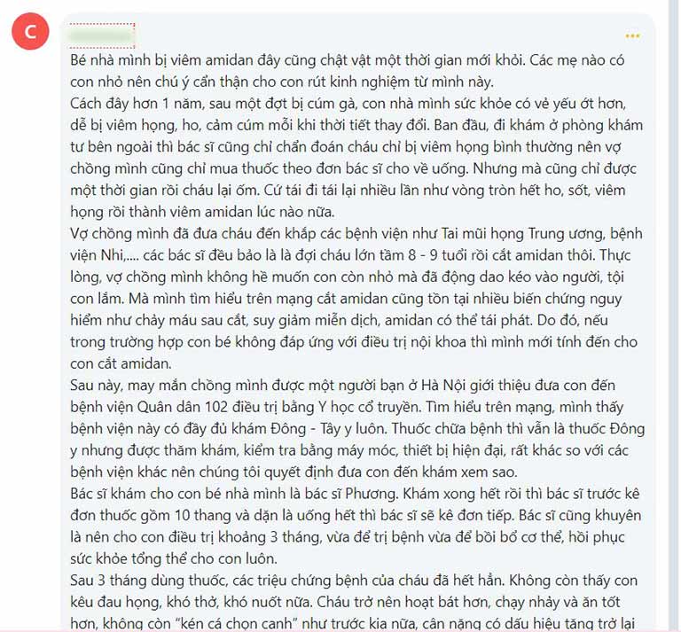 Bệnh nhân đánh giá về kết quả điều trị viêm amidan tại Bệnh viện Tai mũi họng Quân dân 102