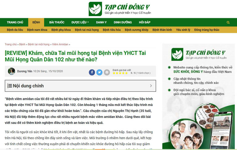 Bệnh nhân riview sau khi điều trị Tai mũi họng tại Bệnh viện Quân dân 102