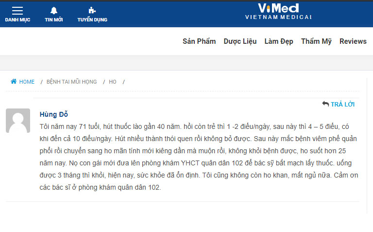 Phản hồi của ông Hùng tại trang tin Vietnam Medical Vimed